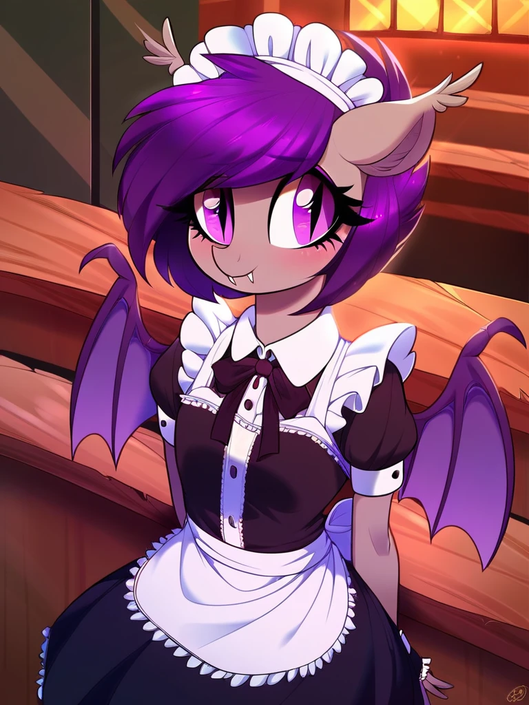 score_9, score_8_up, score_7_up, score_6_up, score_5_up, score_4_up, source_pony, anthro, Nolegs_PonyXL, 1girl, solo, (bat pony, gray skin, purple eyes, short purple hair, purple tail, small breasts), (maid uniform), cafe, crowd, detailed face, detailed eyes, crisp, detailed background, <lora:nolegs-v1:1>