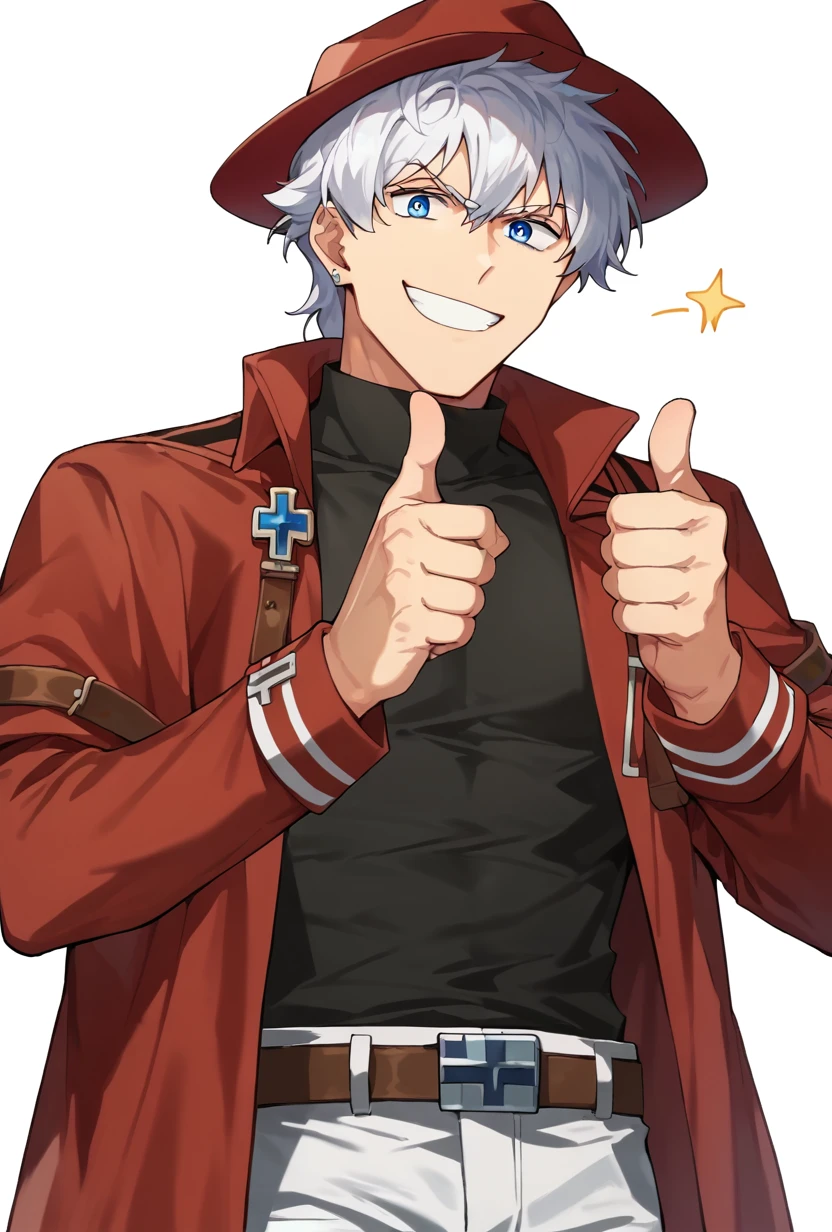 score_9, score_8_up, score_7_up, ronaldoVDNT, 1boy, solo, white hair, blue eyes, earring, red hat, red jacket, black shirt, white pants, belt, smile, thumbs up, looking at viewer, white background