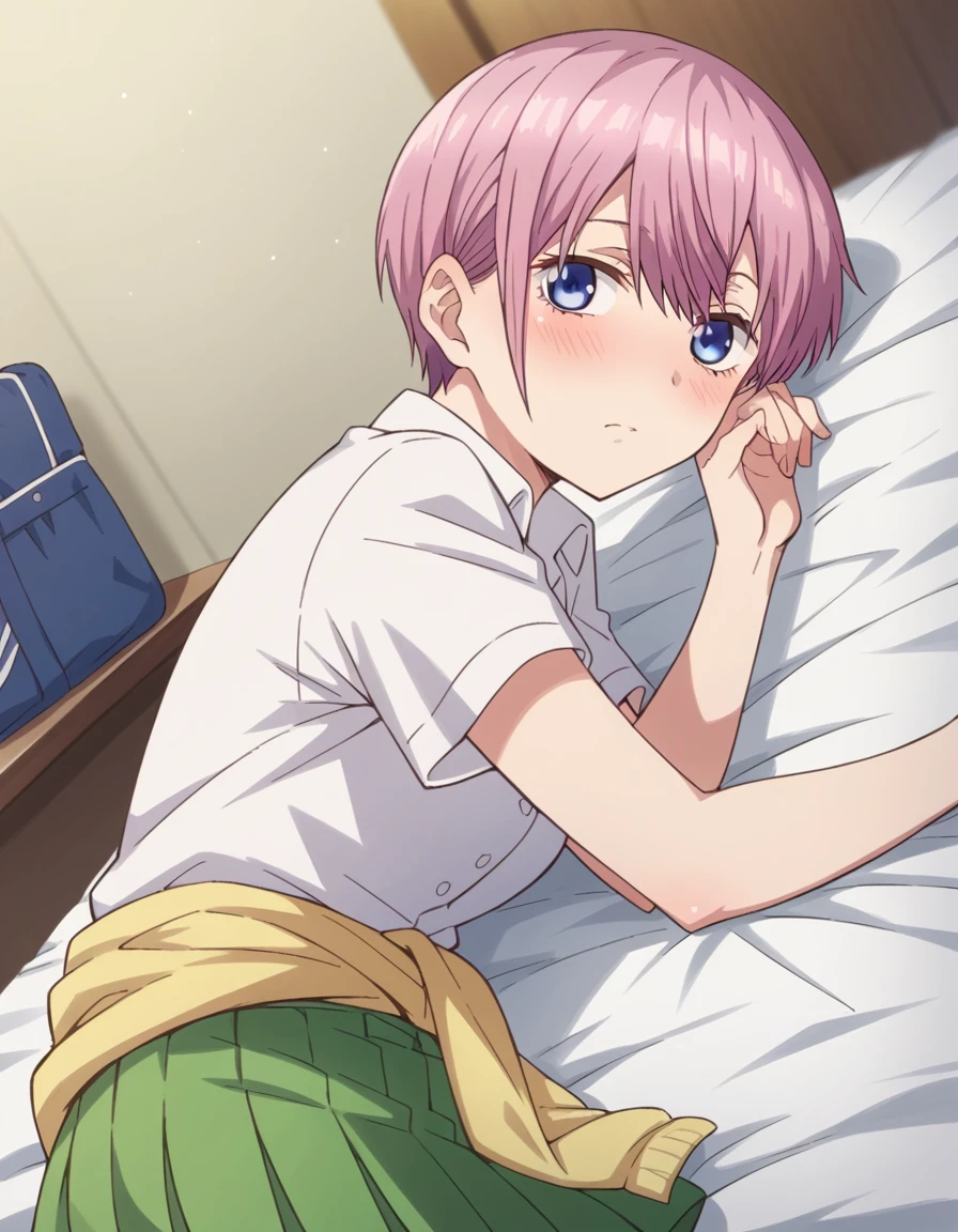 score_9, score_8_up, score_7_up, source_anime,
ichikanakano, <lora:ichika-nakano-s1-ponyxl-lora-nochekaiser:1>,
ichika nakano, short hair, bangs, blue eyes, hair between eyes, pink hair, pixie cut,
skirt, shirt, school uniform, white shirt, short sleeves, pleated skirt, collared shirt, sweater, green skirt, clothes around waist,
indoors, bed, bed room, on side, blush, drunk,
looking at viewer, cowboy shot, dutch angle, solo,