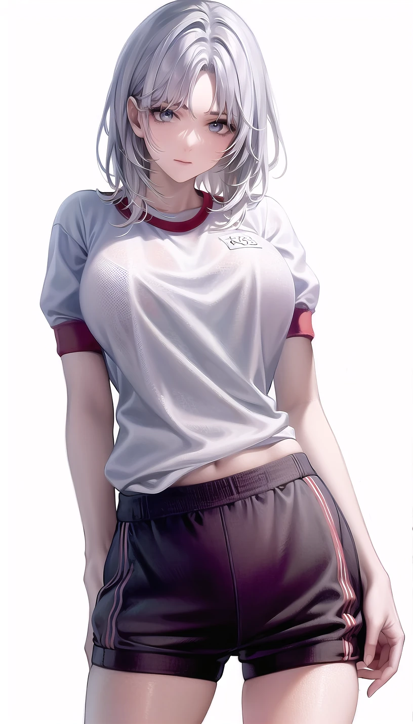 white hair,
(gym uniform:1.28),
lady,mature female, cowboy shot,
(white background,simple background:1.18),
highres,official art,original,masterpiece,best quality,
(huge breasts:0.8),
 <lora:Tetra:0.8>