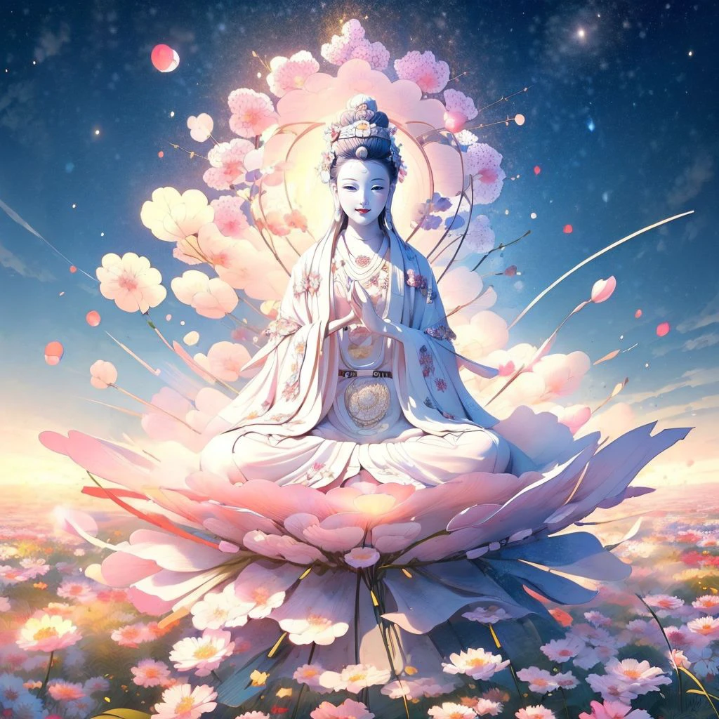 ((best quality)), ((masterpiece)),((1girl,smirk)),sitting,
<lora:pasguanv1:0.789>,(guanyin),
,hanfu,
flower field
