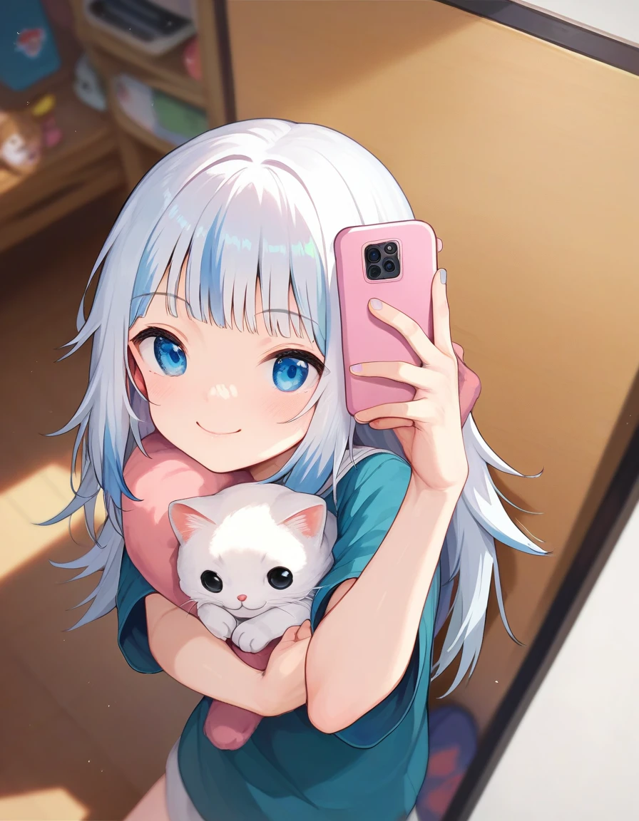 score_9, score_8_up,score_7_up,score_6_up,  a girl taking a selfie, pitvinm, smile, from above, hugging a little cat, animal hug, 
, <lora:yuushi_tessen_style_pony6_v1-000028:1>