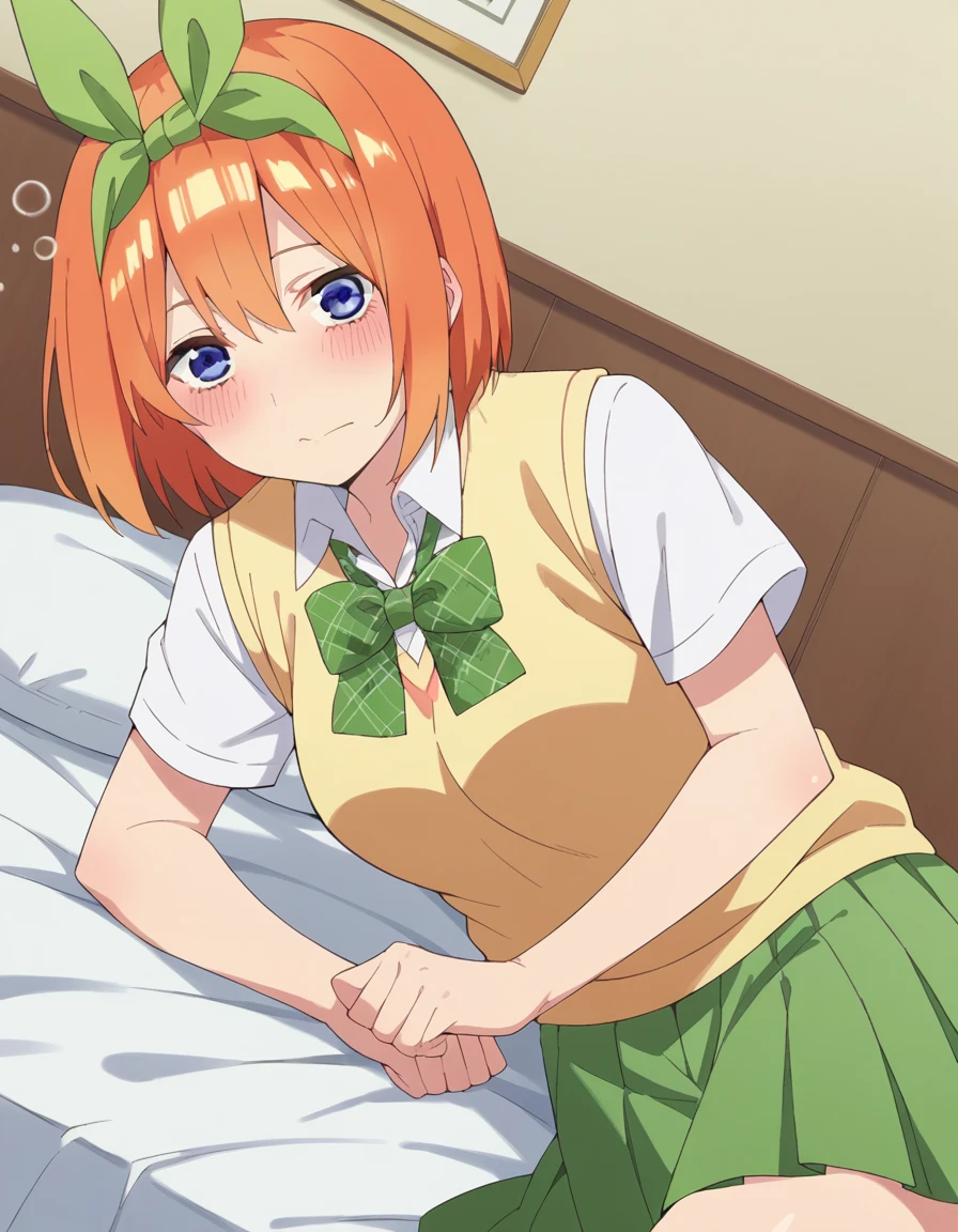 score_9, score_8_up, score_7_up, source_anime,
yotsubanakano, <lora:yotsuba-nakano-s2-ponyxl-lora-nochekaiser:1>, 
yotsuba nakano, bangs, short hair, blue eyes, hair between eyes, hair ribbon, hairband, orange hair, green ribbon, mature female,
skirt, shirt, bow, ribbon, school uniform, white shirt, short sleeves, pleated skirt, collared shirt, miniskirt, bowtie, kneehighs, green skirt, green bow, sweater vest, green ribbon, yellow sweater vest,
indoors, bed, bed room, on side, blush, drunk,
looking at viewer, cowboy shot, dutch angle, solo,