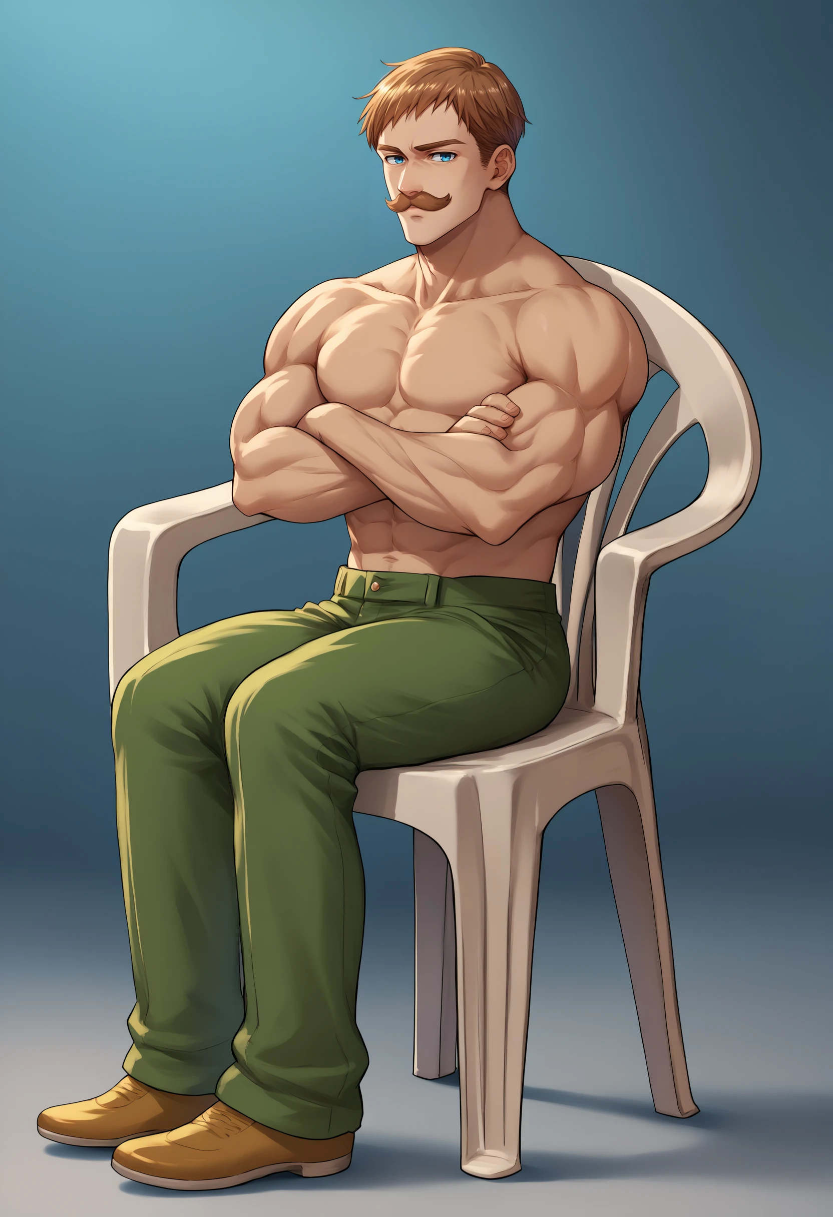 score_9, score_8_up, score_7_up, source_anime, plastic chair, sitting, full-length portrait, <lora:PlasticChair_XLPD-000006:1>, leaning, 1boy, <lora:ChamEscanorPonyXL:0.8> Escanor, muscular, short hair, brown hair, mustache, blue eyes, topless male, green pants, crossed arms,