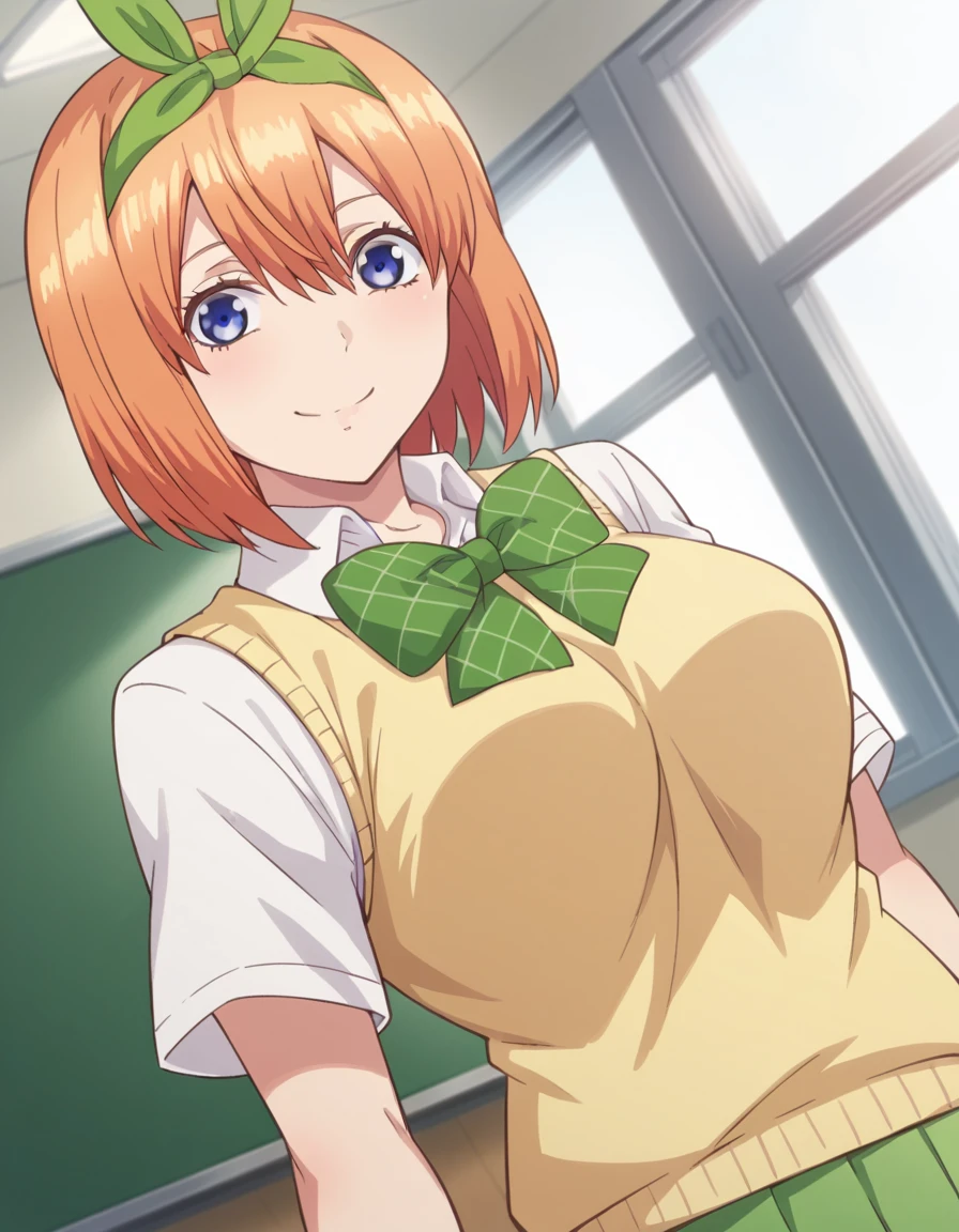 score_9, score_8_up, score_7_up, source_anime,
yotsubanakano, <lora:yotsuba-nakano-s1-ponyxl-lora-nochekaiser:1>, 
yotsuba nakano, bangs, short hair, blue eyes, hair between eyes, hair ribbon, hairband, orange hair, green ribbon, mature female,
skirt, shirt, bow, ribbon, school uniform, white shirt, short sleeves, pleated skirt, collared shirt, miniskirt, bowtie, kneehighs, green skirt, green bow, sweater vest, green ribbon, yellow sweater vest,
indoors, classroom, smile,
looking at viewer, cowboy shot, dutch angle, solo,