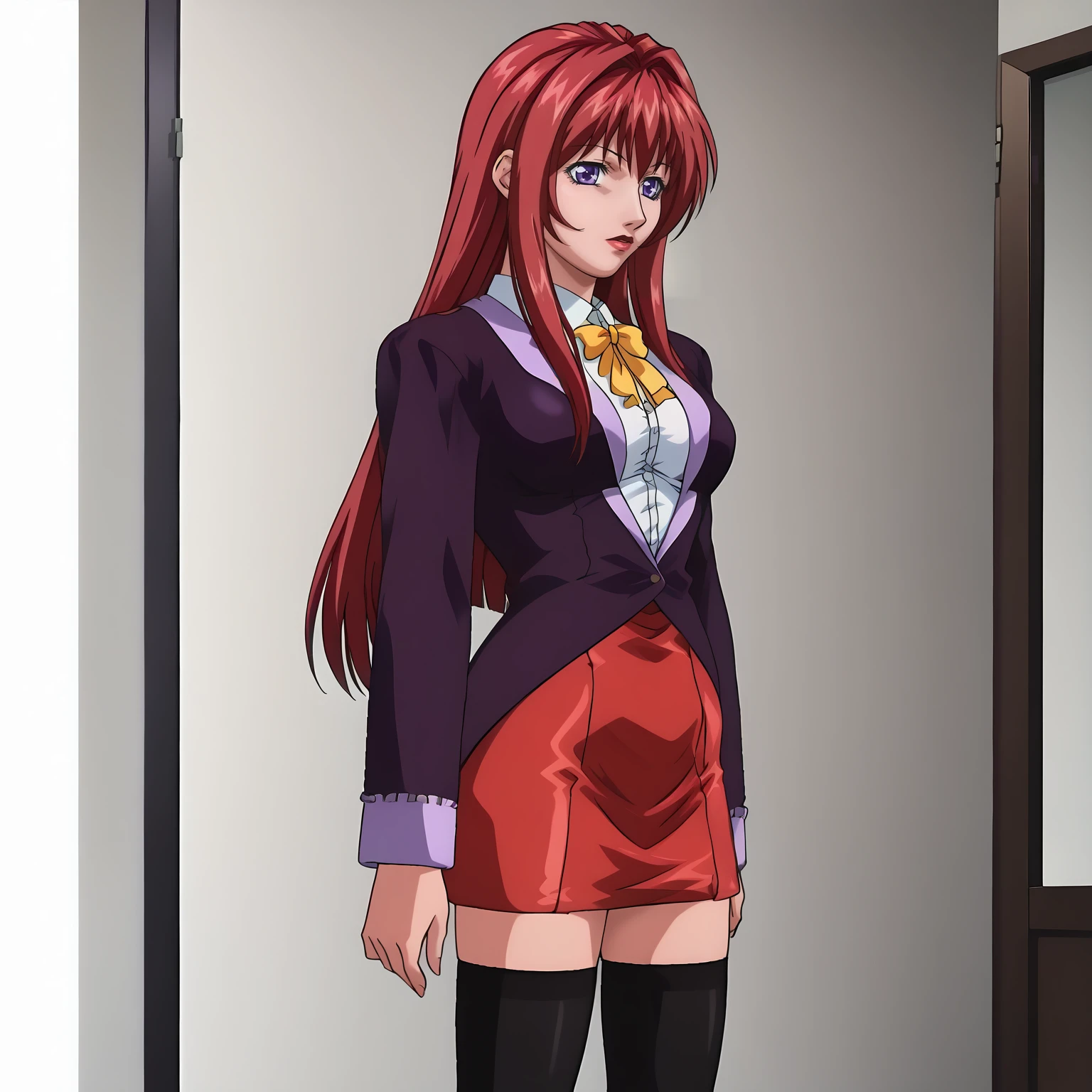 <lora:HirokoTakashiroXLpony001>,
solo,
HirokoTakashiro,1girl,red hair,long hair,purple eyes,red_lips_,
purple jacket,white shirt,white trim,long_sleeves,yellow ribbon tie,
red skirt,
black_thighhighs,
standing,