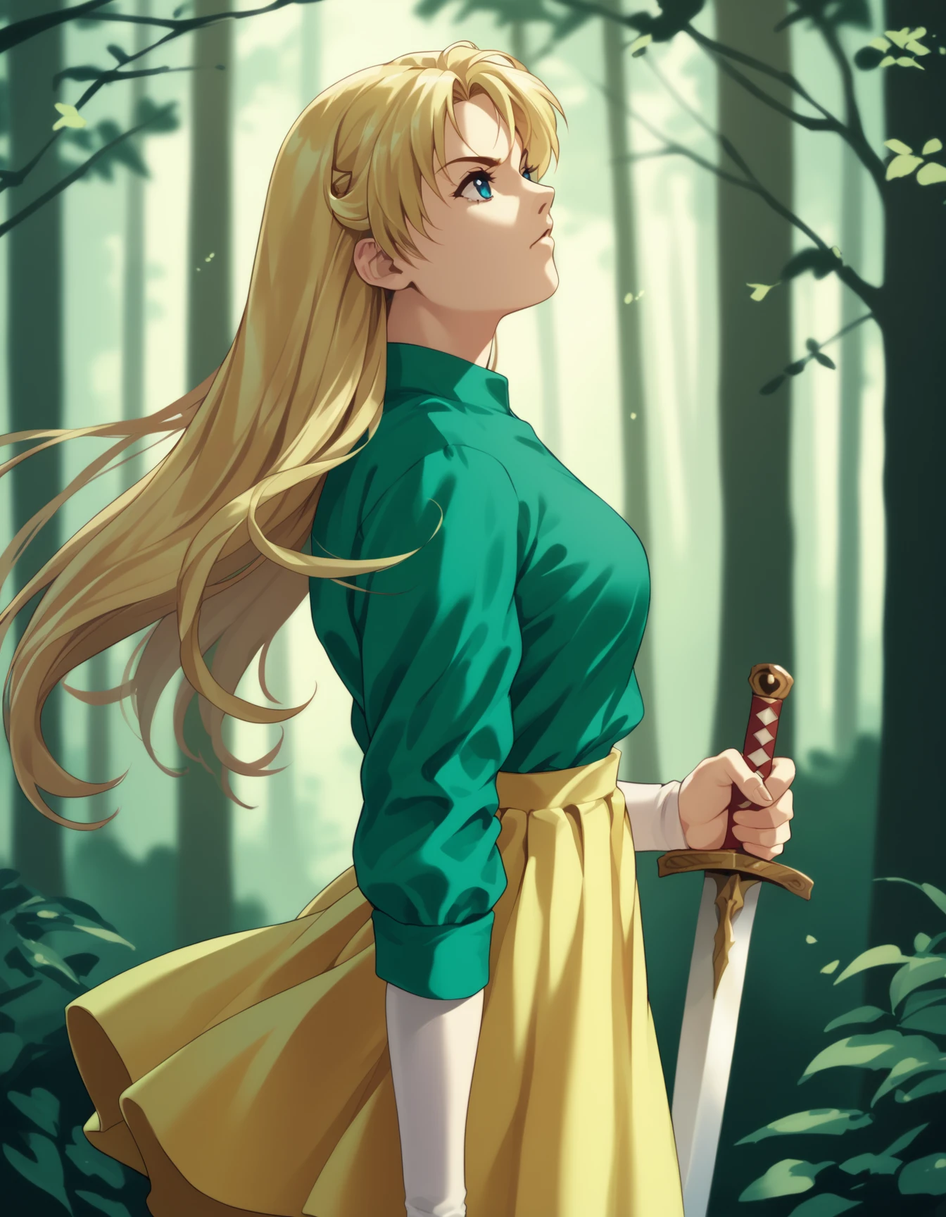 score_9, score_8_up, score_7_up <lora:sharon-ponyxl-000011:1> wwsharon, green shirt, yellow skirt,
1girl, solo, sword, from side, forest
