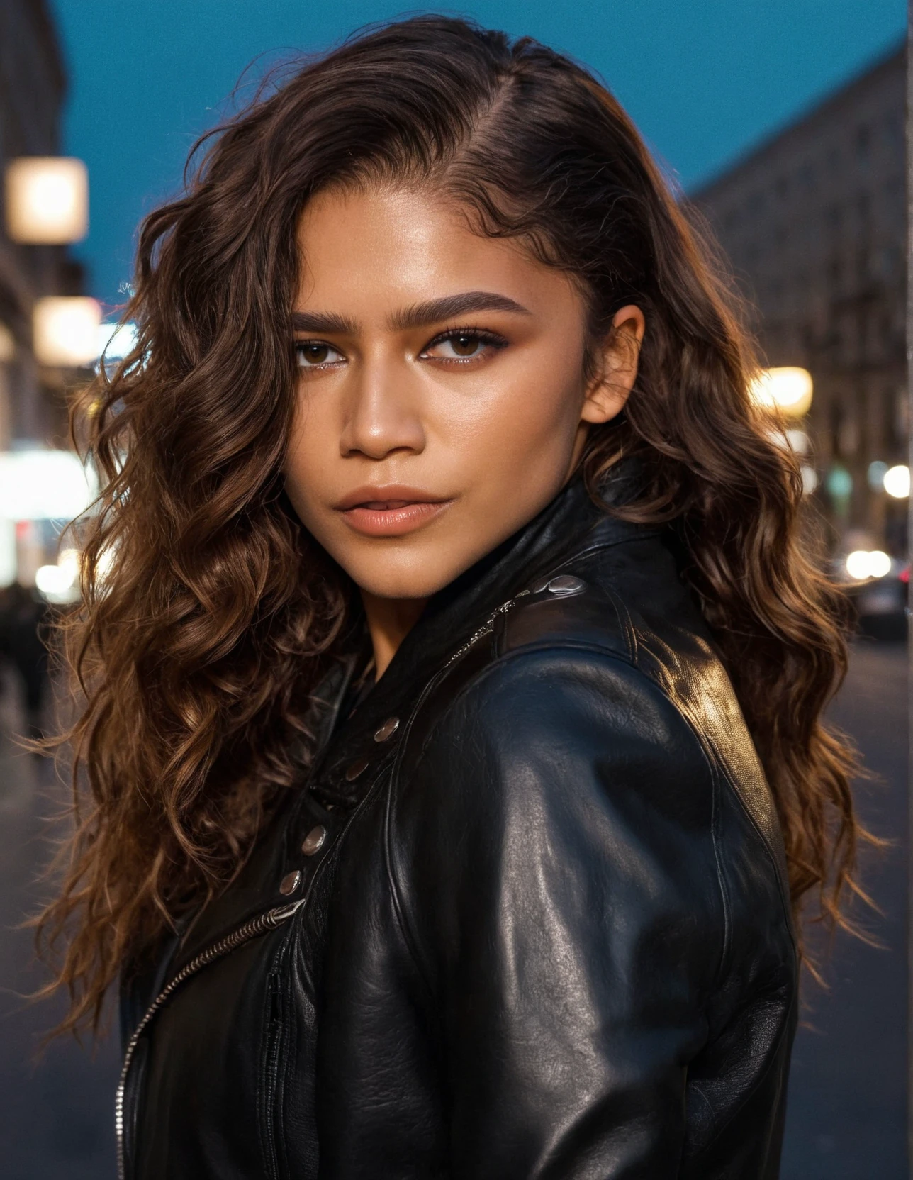 high resolution photo of znd woman,long wavy hair,close-up,street background,wearing a black leather jacket,volumetric lighting,cinematic,masterpiece