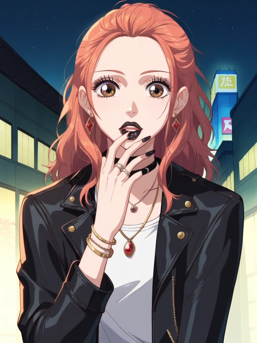 score_9, score_8_up, score_7_up, source_anime, Risa Koizumi, ginger hair, very tall, school girl, stylish,brown eyes, big eyes, white dress, leather jacket, pendant choker, make up, big lips, black eyeliner, black lipstick, rings on hands, earrings, jewellery, long hair, <lora:Risa_Koizumi_SDXL:1>, standing, hand on mouth, front view, background city, at night, best quality, masterpiece