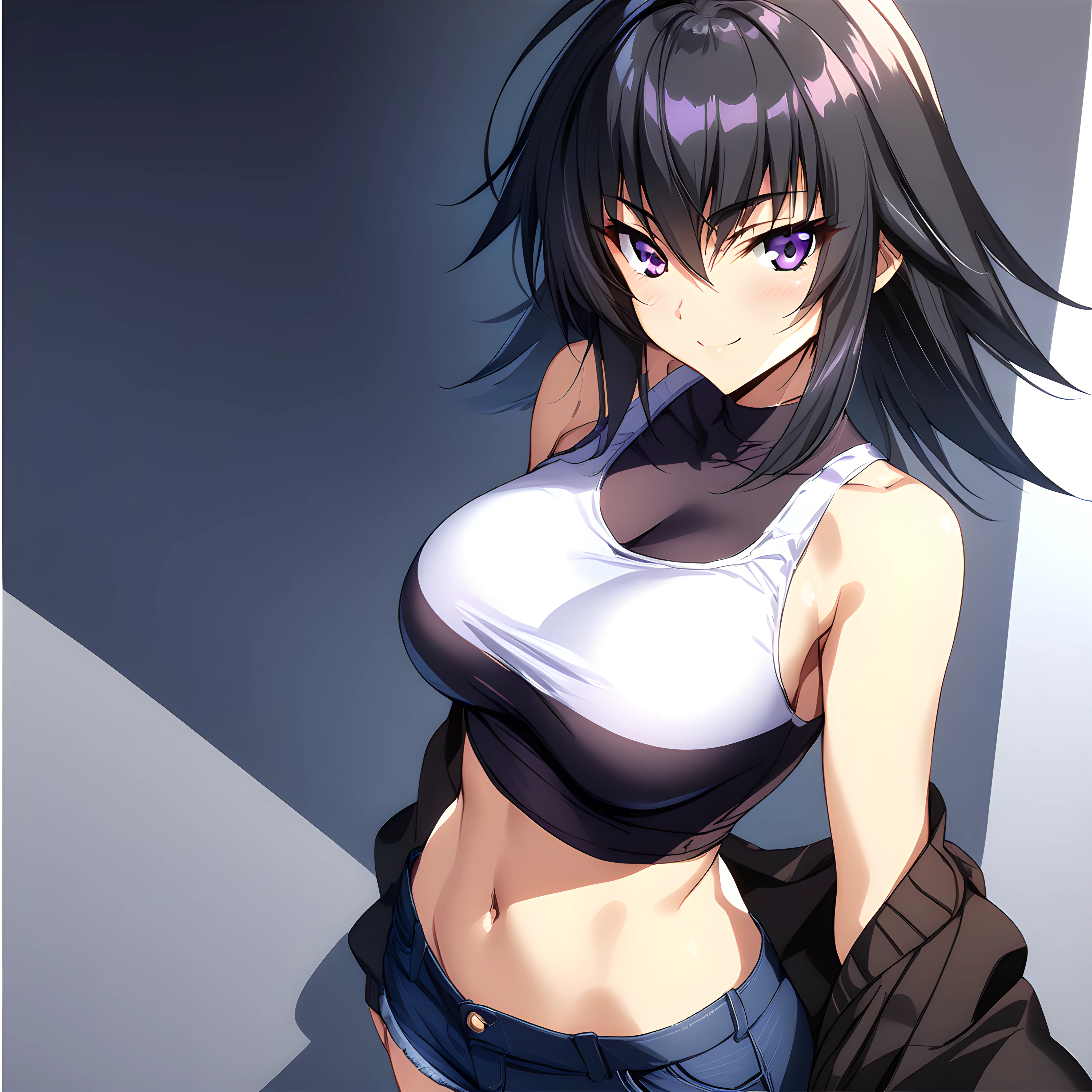 (masterpiece),(best quality),(ultra-detailed),(best illustration),(best shadow),(absurdres),(detailed background),(very aesthetic), akitsuki_karasu artstyle, dimensionstyle, ayamine kei, casualoutfit1, 1girl, breasts, solo, shorts, purple eyes, large breasts, smile, tank top, white background, simple background, looking at viewer, midriff, denim <lora:XL-Ayamine_Keiå½©å³°_æ§_-_Muv_Luv_Alternativeããã©ã´ãªã«ã¿ãã¤ãã£ã_SDXL_Animagine_XL_3.1v1.5BETA:1>