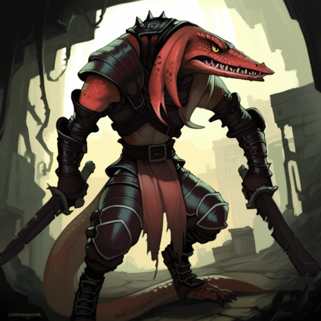 score_9, score_8_up, score_7_up, score_6_up, score_5_up, score_4_up, A solo Bangaa rogue with red scaly skin and sharp teeth, dressed in dark leather armor, is dual wielding scimitars. He is standing in a dark alley, grinning menacingly at the viewer. his pose is dynamic and intimidating, suggesting his is ready to leap into action at any moment. The scene is illuminated by a dim light that casts long shadows, enhancing the sinister and mysterious vibe of the setting.