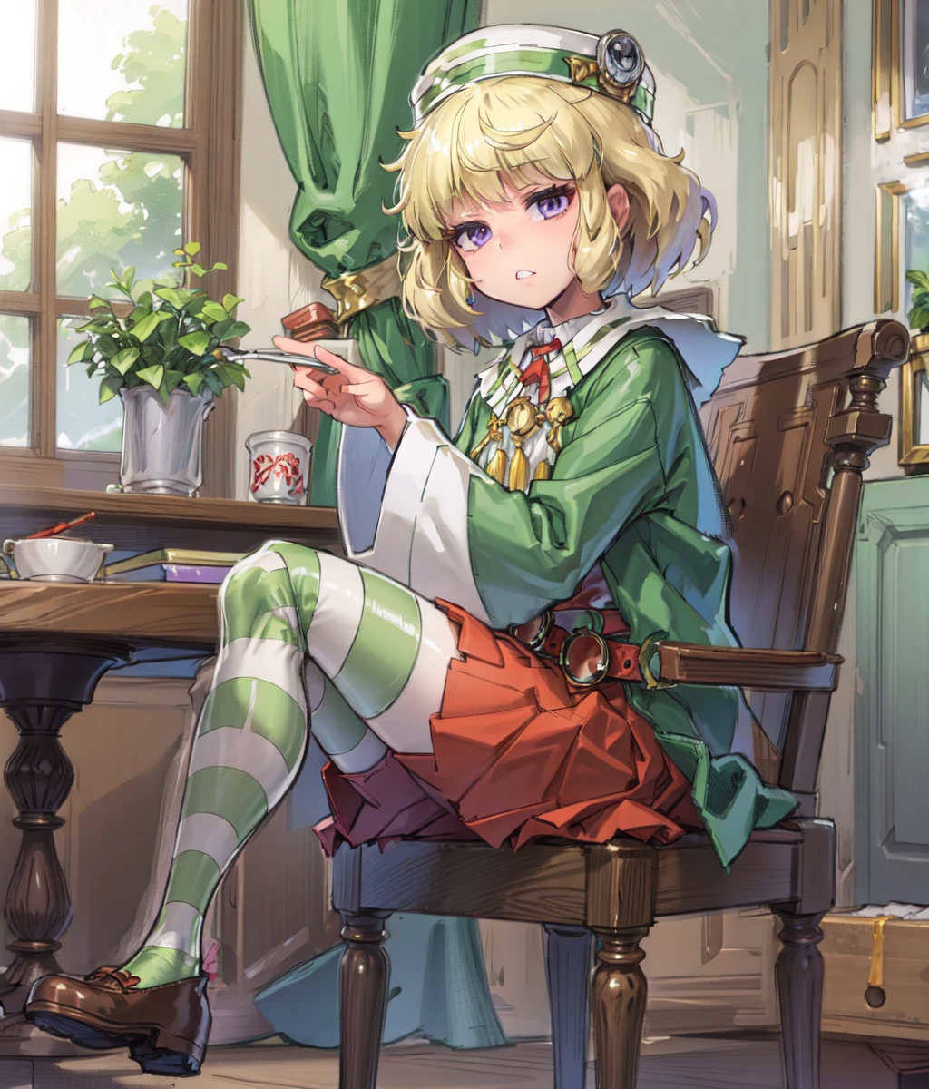 1girl, solo, skirt, blonde hair, full body, purple eyes, red skirt, striped clothes, hat, short hair, brown footwear, pleated skirt, pantyhose, looking at viewer, long sleeves, shoes, belt, white shirt, shirt, thighhighs, sitting, chair, from side, green striped thighhighs, green cloak, wide sleeves, indoors, castle <lora:carrie-10:0.8>