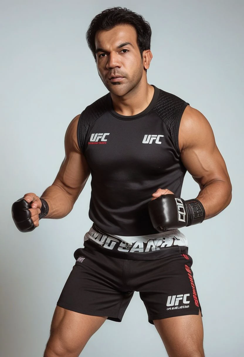 homoerotic photo of DJ AM Villanueva a man <lora:rajkummar-rao_DJ-AM:1>, UFC fighting ring, cocky expression, as a UFC fighter, (black muscle shirt:1.4), Venum UFC shorts, ((full body portrait)), wide angle, ((masterpiece)), natural skin, natural body muscle definitions, adobe lightroom, photolab, intricate, highly detailed, sharp focus, insane details, intricate details, hyperdetailed, low contrast, soft cinematic light, exposure blend, dim colors, dim light, Award - winning, with Kodak Portra 800, a Hasselblad 500 ,55mm f/ 1.9 lens, extreme depth of field, available light, high contrast, Ultra HD, HDR, DTM, 8K,