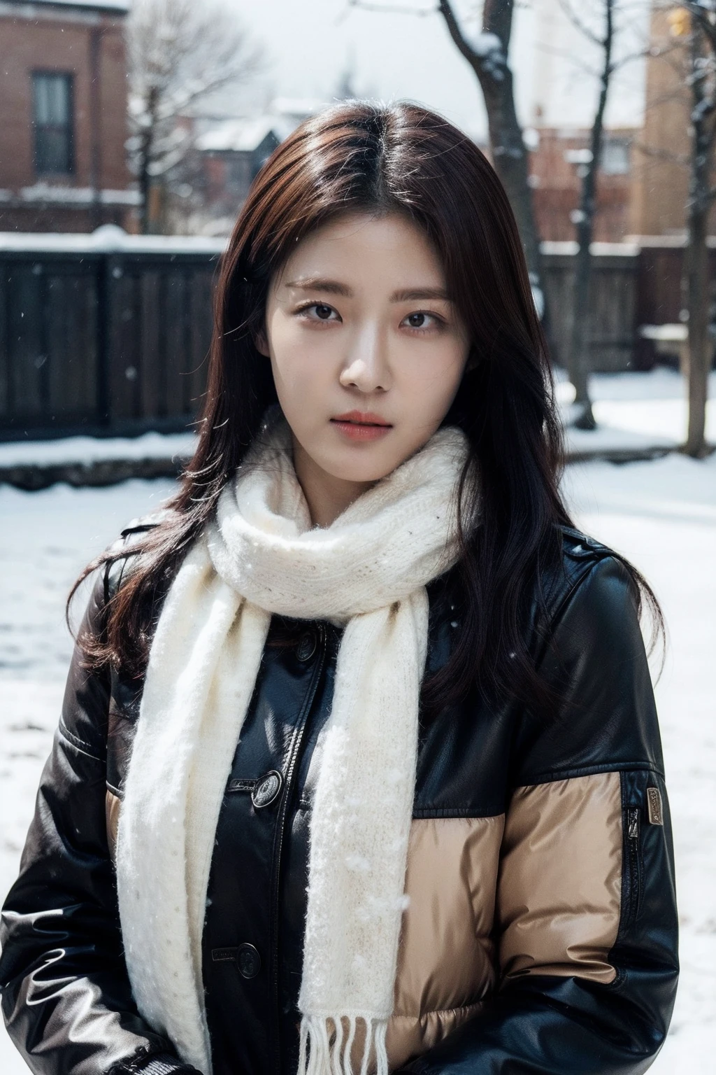 (realistic), (hyperrealism),best quality, masterpiece,ultra high res, (photorealistic:1.4),1girl,pale skin,skinny,(looking at viewer:2), <lora:add_detail:0.6>,outdoors,
<lora:makina69_hajiwon_v1.0:1>,  , scarf, winter jacket, snowing,
cowboy shot,