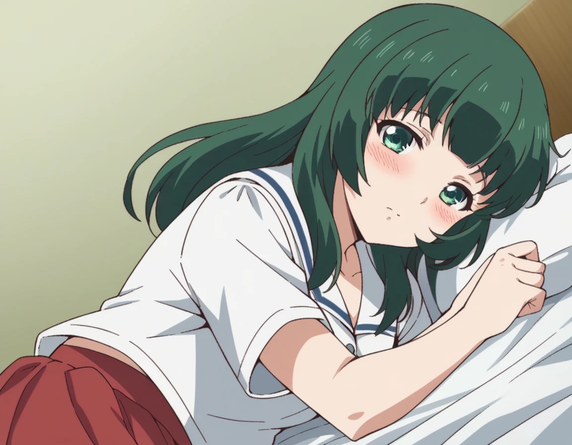 score_9, score_8_up, score_7_up, source_anime,
miuashihara, <lora:miu-ashihara-s1-ponyxl-lora-nochekaiser:1>,
miu ashihara, long hair, bangs, green eyes, green hair,
shirt, school uniform, white shirt, short sleeves, serafuku, sailor collar, skirt, red skirt,
indoors, bed, bed room, on side, blush, drunk,
looking at viewer, cowboy shot, dutch angle, solo,