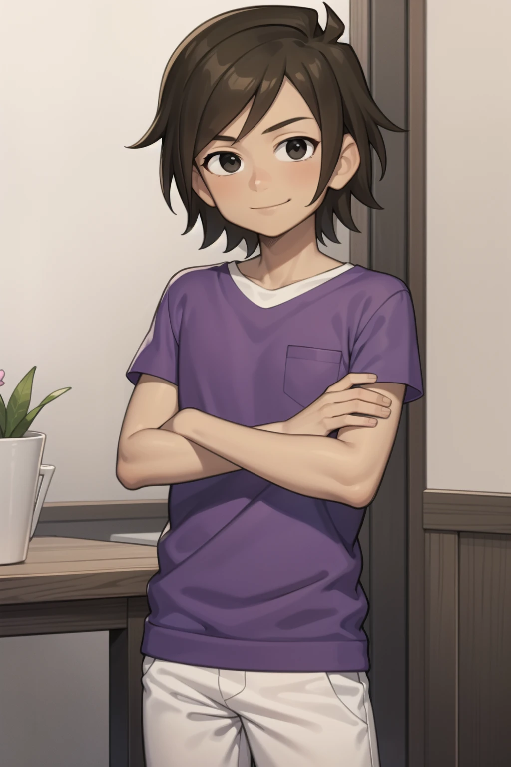 1boy,solo,crossed arms,smile,brown hair,short hair,black eyes,dark -skinned male,looking at viewer,purple shirt,masterpiece,best quality