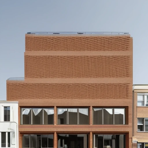 A modern building facade with staggered protrusions, recessed bricks, crisscrossed brick designs, sharp angles and layered brick details.