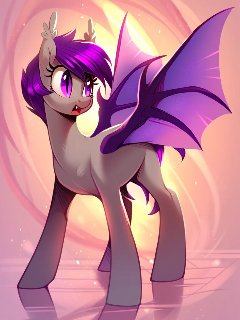 score_9, score_8_up, score_7_up, score_6_up, score_5_up, score_4_up, source_pony, feral, Nolegs_PonyXL, 1girl, solo, (bat pony, gray skin, purple eyes, purple hair, purple tail), detailed face, detailed eyes, crisp, detailed background, <lora:nolegs-v1:1>
