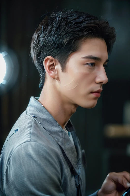 ((((masterpiece,best quality,ultra-realistic)))),ultra-detailed,photography,1boy,30-year-old male,solo,slim Asian boy,(((Male Statistician))),((portrait, detailed skin, real skin texture)),<lora:add_detail:1>,(((ground view up,Looking At Screen,side view,drawing bow,Teardrop,Firing,Followspot lighting))),