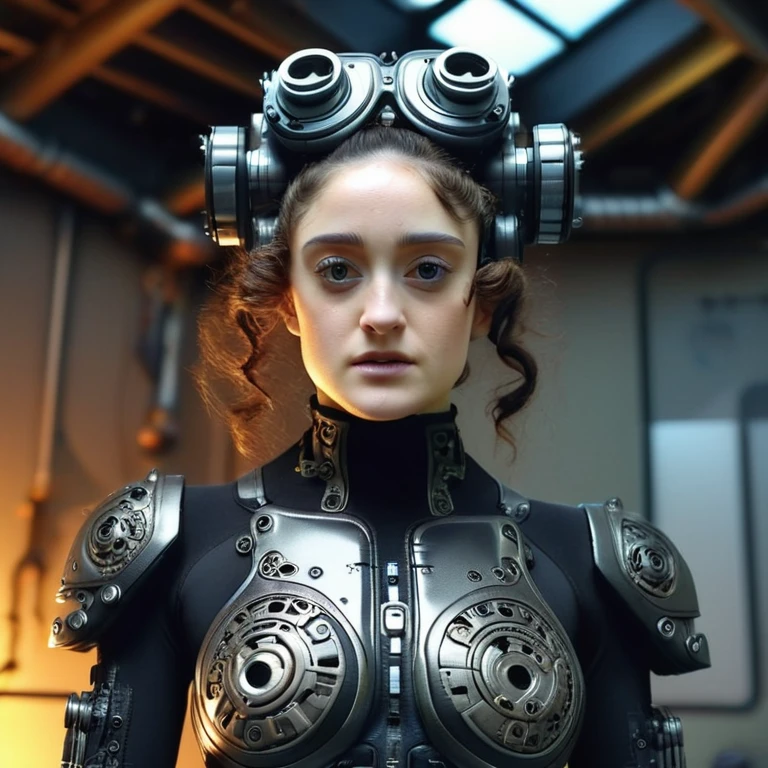 frostpunk photograph recording a fit, elderly, and irish ameliexl5 from the front; wearing a rugged modern robot combat suit with intricate engravings; featuring a jet-black curls hairstyle with a cute face. shown staring intense within a liminal alchemical laboratory with night light.