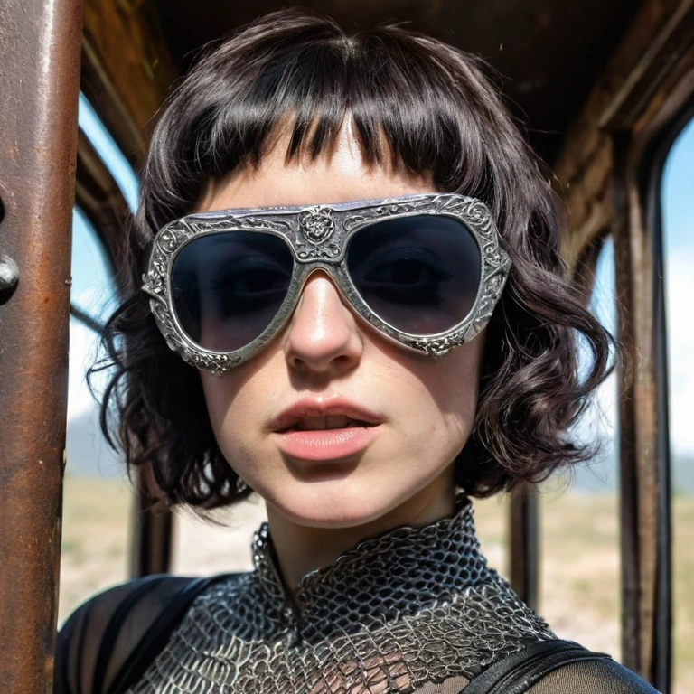 medieval close-up caricature by wayne barlowe coloring a fit, developed, and ukrainian ameliexl5 from the front; wearing a gothic chainmail with a tribal design; featuring a jet-black curly bob haircut with a haughty face. shown taking off her sunglasses within an abandoned [train slum|locker room|mountain chalet] with atmospheric lighting.
