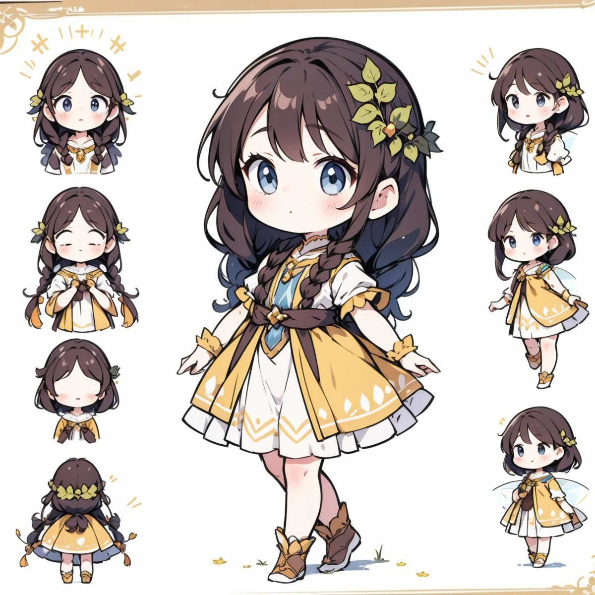 4k,Disney fairy tale princess,6-8 cute appearance,rapunzel,((brunette)) long braids,with a wreath,wearing a pale yellow puffy princess skirt,two hands with skirts,gently tiptoe walking,shy expression,white background,simple background,character sheet,solo,wearing same outfit,multiple view: front view,side view,multiple expression,