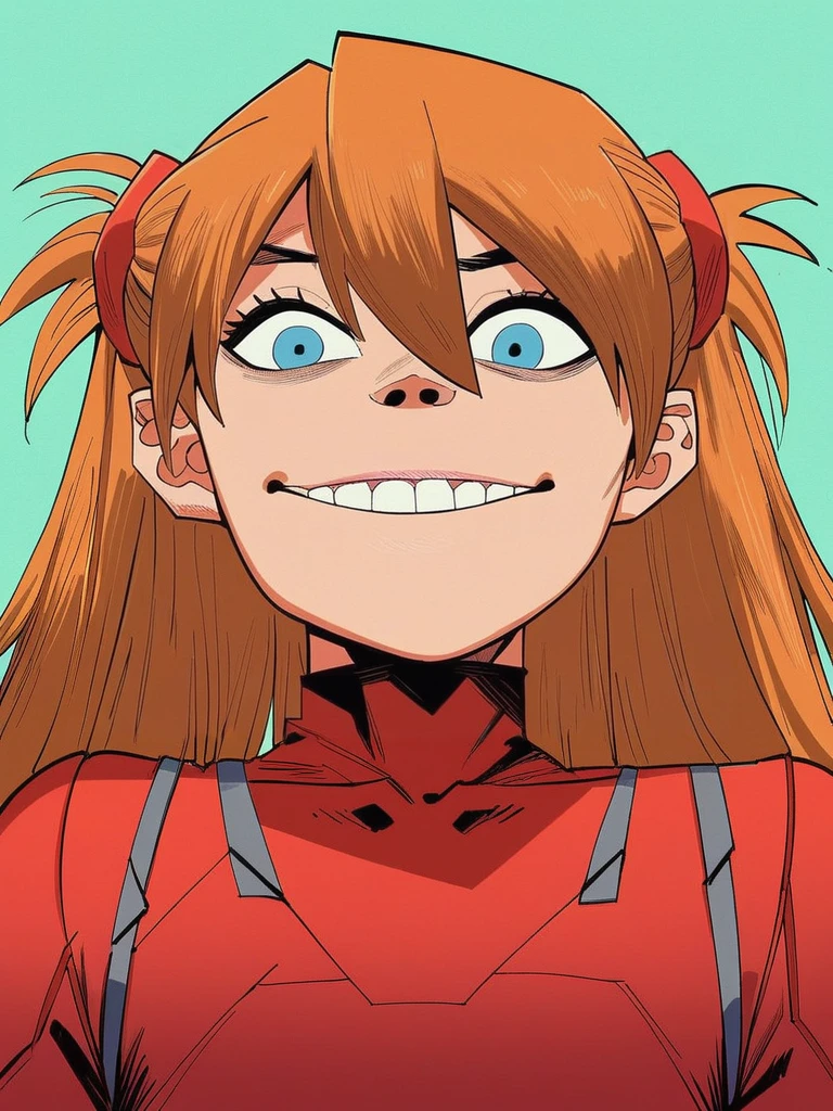 score_9, score_8_up, score_7_up, score_6_up, score_5_up, score_4_up, 1girl, in hewlls artstyle, souryuu_asuka_langley, bodysuit, interface headset, looking at viewer, teeth, smile, upper body, blue eyes, arm support, looking at viewer, sitting, solo, illustration, <lora:Jamie_Hewlett_GorillazTank_Girl_Style_Pony-000007:0.9>
