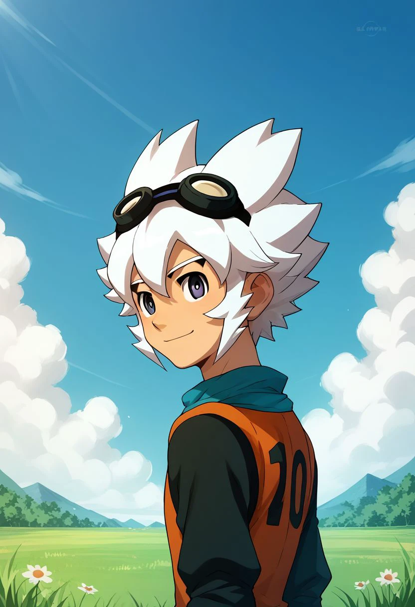 score_9, score_8_up, score_7_up, source_anime, highly detailed, 1boy, solo, male_focus, skinny, slender, cute,
1boy, male focus, goggles, solo, goggles on head, looking back, smile, from behind, upper body,
outdoor, grass, sky,