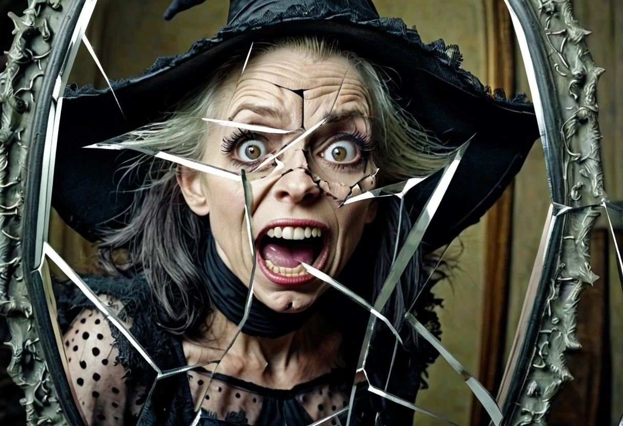 photograph, portrait of comically ugly witch, fractured image, mirror, imageshards, 