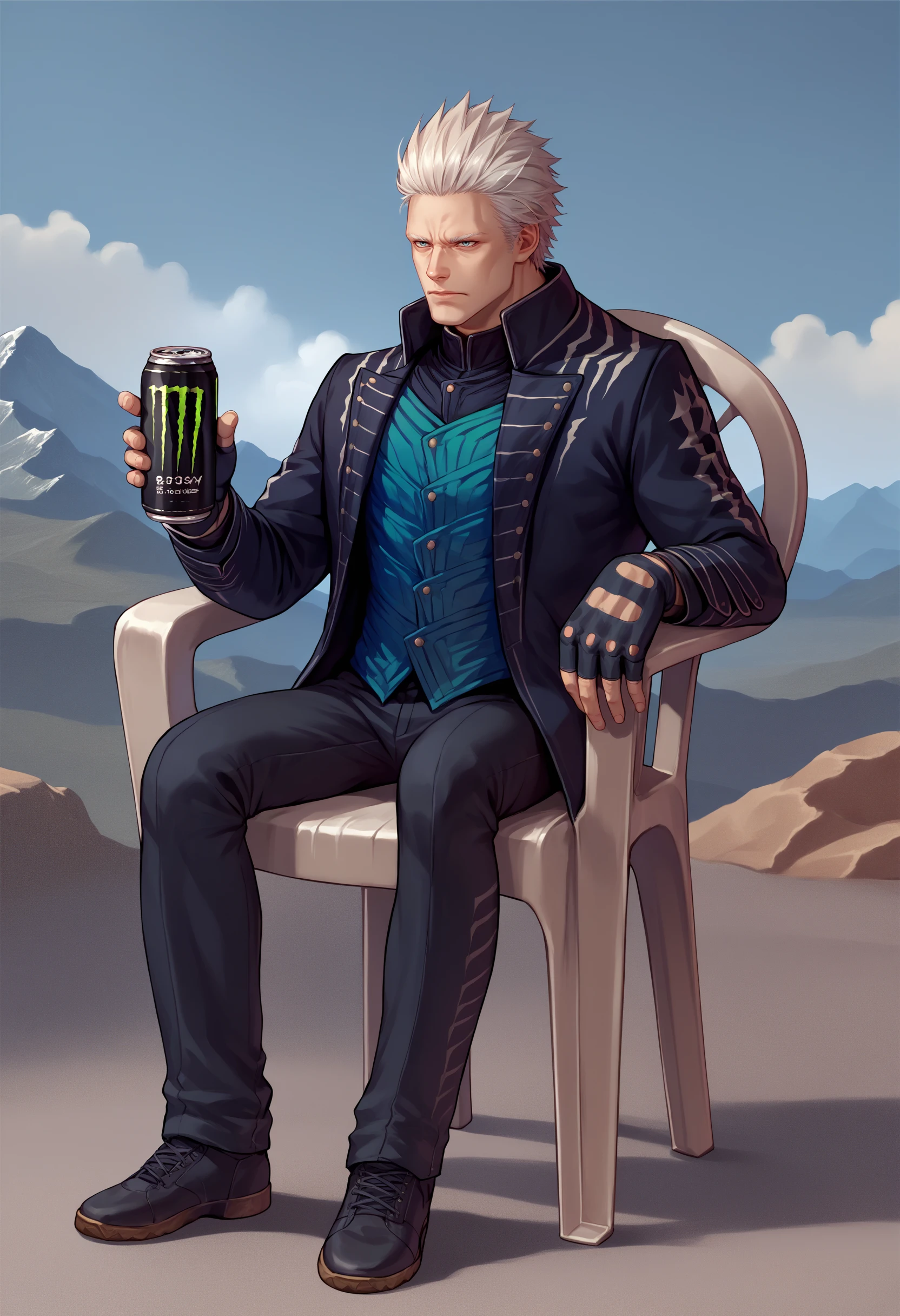 score_9, score_8_up, score_7_up, source_anime, plastic chair, sitting, full-length portrait, <lora:PlasticChair_XLPD-000006:1>, leaning, 1boy, <lora:dmc5_vergil_ponyXL:1> dmc5vergil, black coat, fingerless gloves, pants, monster energy, energy drink, holding can, outdoors, cloud, mountain, rock,