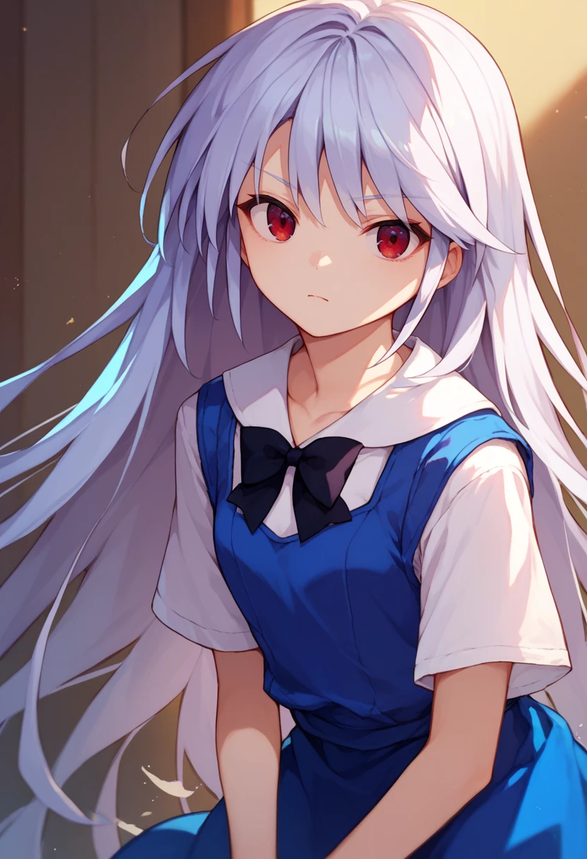 score_9, score_8_up, score_7_up, 1girl, Kazuki, silver hair, long hair, red eyes, white shirt, blue dress, black bow, <lora:Kazuki DORAV2-000009:1>