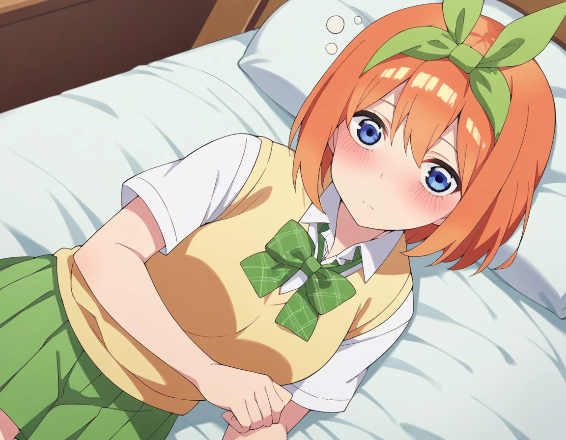 score_9, score_8_up, score_7_up, source_anime,
yotsubanakano, <lora:yotsuba-nakano-s2-ponyxl-lora-nochekaiser:1>,
yotsuba nakano, bangs, short hair, blue eyes, hair between eyes, hair ribbon, hairband, orange hair, green ribbon, mature female,
skirt, shirt, bow, ribbon, school uniform, white shirt, short sleeves, pleated skirt, collared shirt, miniskirt, bowtie, kneehighs, green skirt, green bow, sweater vest, green ribbon, yellow sweater vest,
indoors, bed, bed room, on side, blush, drunk,
looking at viewer, cowboy shot, dutch angle, solo,