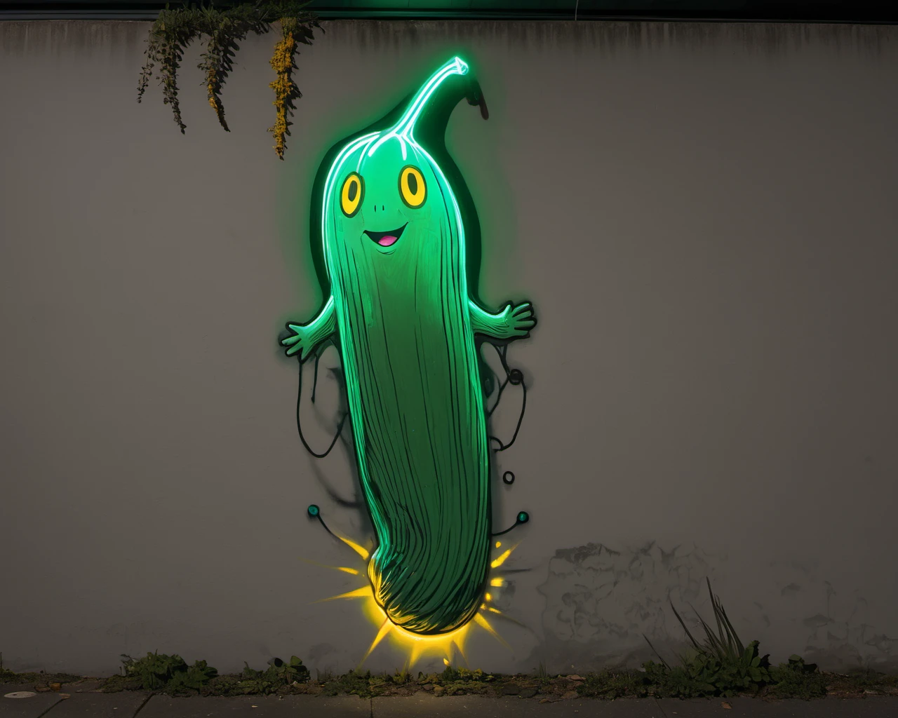 (((wall graffiti drawing:1.3) of cucumber, (color scheme: blanched almond,dark seagreen,olive green,dark golden rod), (Wall Graffiti:1.3), (Graffiti:1.2))) artwork, flat shading, (influenced by banksy), Lateral illumination, Off-axis lighting, Directional light, Panoramic view, Wide angle, (neon stripes:1.1), neon background, (glowing:1.1)(bioluminescence), light rays, (lineart, thick lines, clear lines:1.2), comic, 2d, (straight view:1.2), (frontal view:1.3), night, dark, (bioluminescence:1.2), (iridescent:1.2), pixar, animation, realism, (epic:1.2), realistic, trending on artstation, 3d, (high quality:1.2), (masterpiece:1.2), high details, incredibly absurdres, colorful), photograph, film, best quality, highres