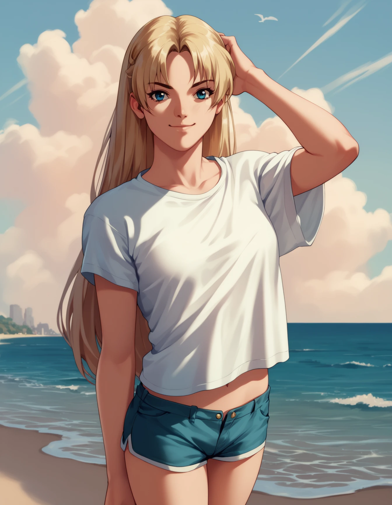 score_9, score_8_up, score_7_up <lora:sharon-ponyxl-000011:1> wwsharon, taut shirt, short shorts,
1girl, solo, beach, light smile