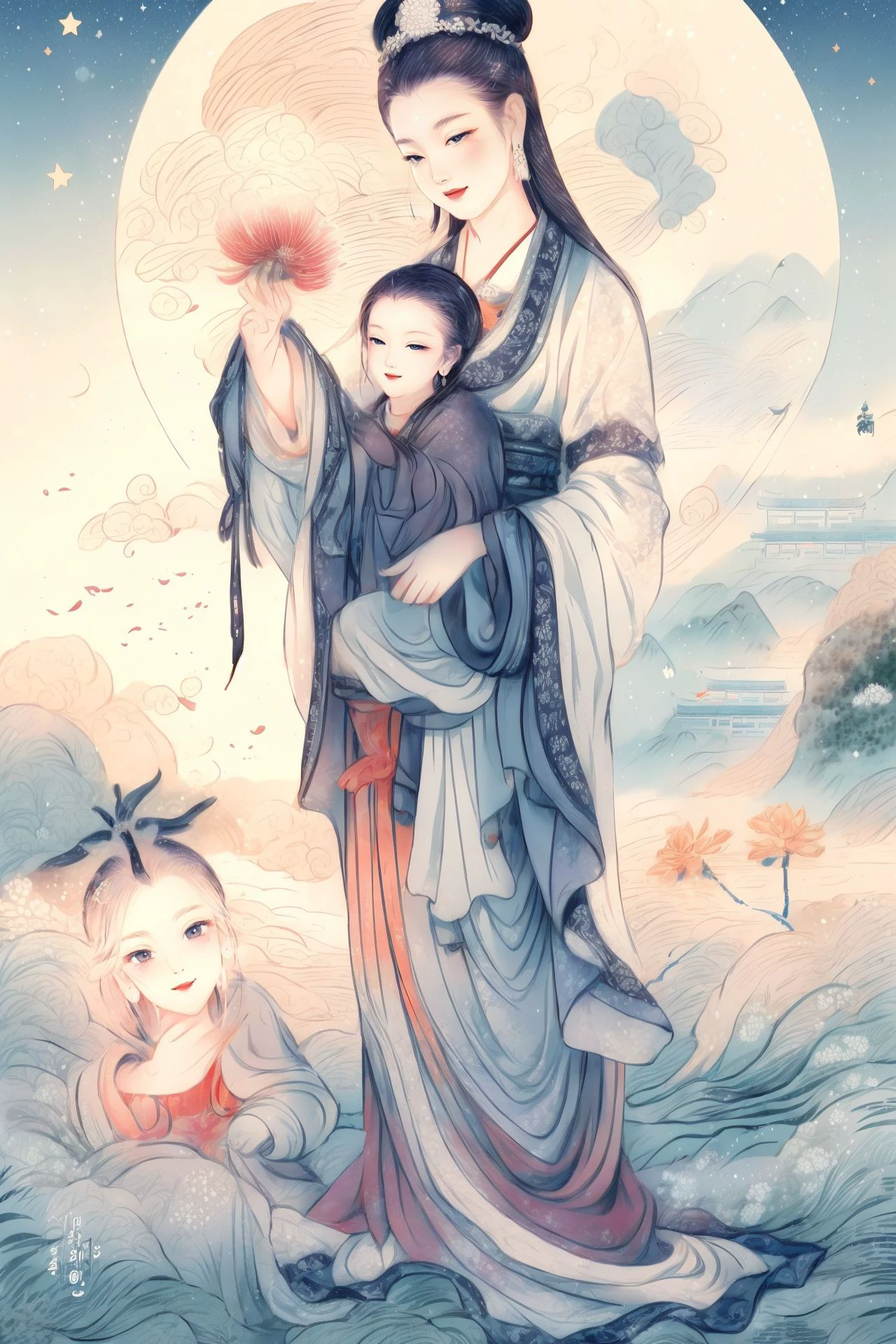 ((best quality)), ((masterpiece)),night,
(chinese text,wall of text),((multiple girls,smirk)),hanfu,tiannv and guanyin,flower,grass,snow and mountain,
, 
full moon,stars,
BREAK ((best quality)), ((masterpiece)),night,
(chinese text,wall of text),((multiple girls,smirk)),hanfu,tiannv and guanyin,flower,grass,snow and mountain,
, 
water and outdoors,
BREAK ((best quality)), ((masterpiece)),night,
(chinese text,wall of text),((multiple girls,smirk)),hanfu,tiannv and guanyin,flower,grass,snow and mountain,
, 
horizon and water,
<lora:pasguanv1:0.789>,
<lora:add_detail:0.912>, <lora:yuzuv10:0.3>,
lily pad ,  cloud and architecture