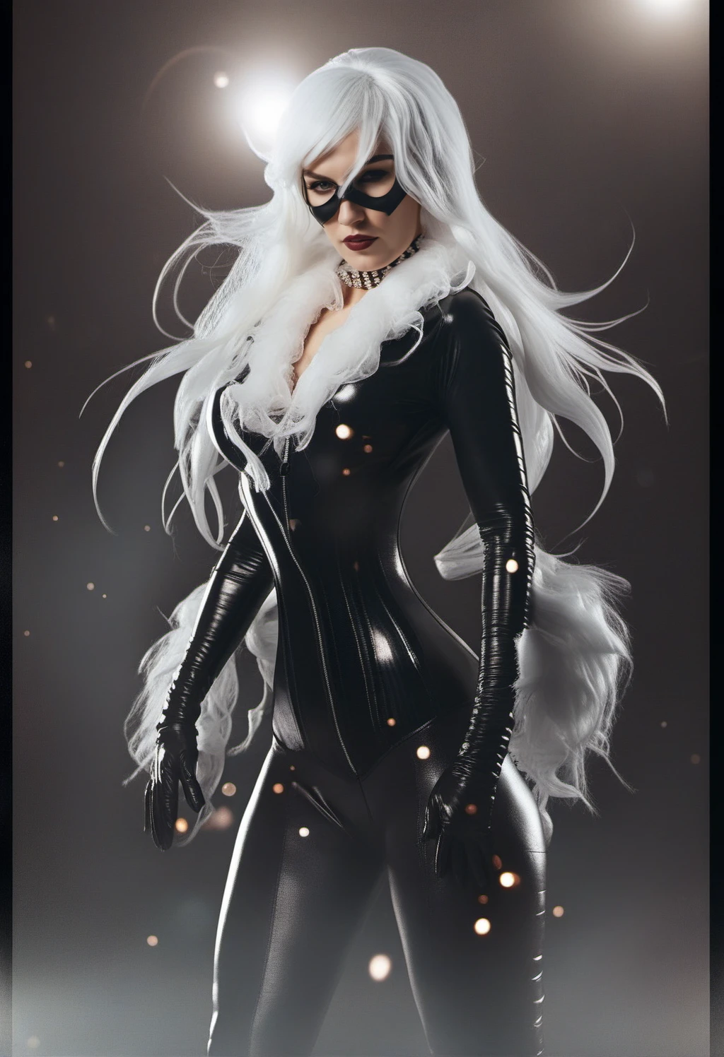 cinematic photo a white hair woman in a ((black bodysuit)) and small mask and white gloves,black boot <lora:BlackCat1024:0.9> . 35mm photograph, film, bokeh, professional, 4k, highly detailed