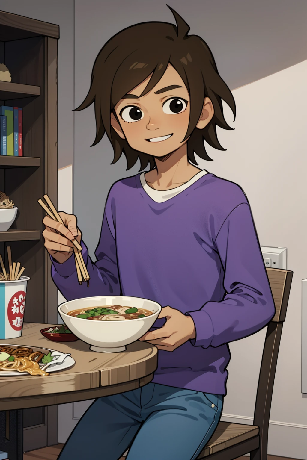 1boy,solo,dinner,table,ramen,smile,brown hair,short hair,black eyes,dark -skinned male,looking at viewer,purple shirt,blue pants,masterpiece,best quality