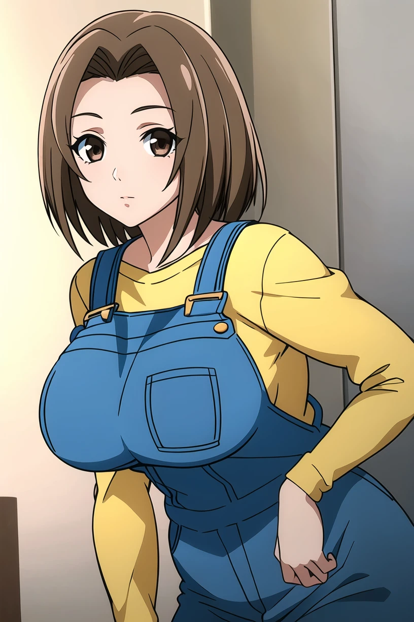 best quality,masterpiece,looking at viewer,1girl,absurdres,
depth of field,<lora:020-天ä¸å¤©ä¸-é´»ãæ± åç§V2:0.6>,kounoike chiaki,brown hair,brown eyes,breasts,large breasts,short hair,long sleeves,overalls,shirt,blue overalls,