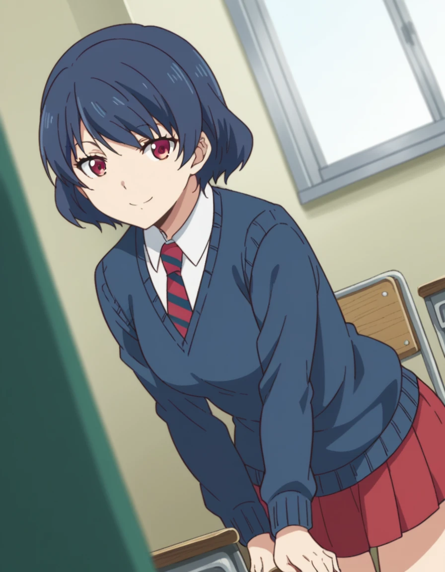 score_9, score_8_up, score_7_up, source_anime,
ruitachibana, <lora:rui-tachibana-s1-ponyxl-lora-nochekaiser:1>,
rui tachibana, short hair, red eyes, blue hair,
skirt, school uniform, necktie, striped, red skirt, striped necktie, sweater, blue sweater,
indoors, classroom, bent over, smile,
looking at viewer, cowboy shot, dutch angle, solo,