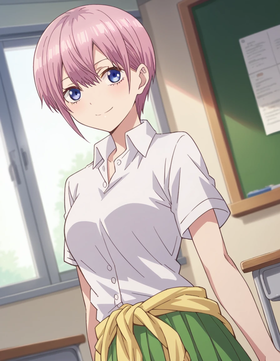 score_9, score_8_up, score_7_up, source_anime,
ichikanakano, <lora:ichika-nakano-s1-ponyxl-lora-nochekaiser:1>,
ichika nakano, short hair, bangs, blue eyes, hair between eyes, pink hair, pixie cut,
skirt, shirt, school uniform, white shirt, short sleeves, pleated skirt, collared shirt, sweater, green skirt, clothes around waist,
indoors, classroom, smile,
looking at viewer, cowboy shot, dutch angle, solo,