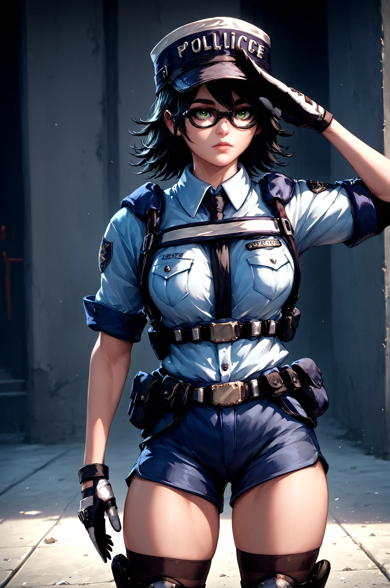 score_9,score_8_up,score_7_up,  <lora:MarieWentz100steps16Dim-000005:0.8> marie_wentz, black_hair, police_uniform, police_hat, glasses, shorts, knee_pads, green_eyes, thighhighs, salute, gloves, , (high quality, detailed, beautiful)