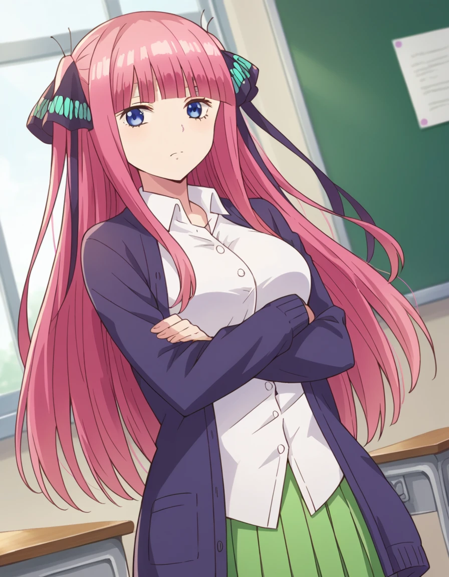 score_9, score_8_up, score_7_up, source_anime,
ninonakano, <lora:nino-nakano-s1-ponyxl-lora-nochekaiser:1>,
nino nakano, long hair, bangs, blue eyes, hair ornament, hair ribbon, pink hair, blunt bangs, two side up, butterfly hair ornament, mature female,
skirt, shirt, long sleeves, white shirt, pleated skirt, open clothes, collared shirt, sleeves past wrists, dress shirt, cardigan, green skirt, open cardigan, black cardigan,
indoors, classroom, crossed arms,
looking at viewer, cowboy shot, dutch angle, solo,