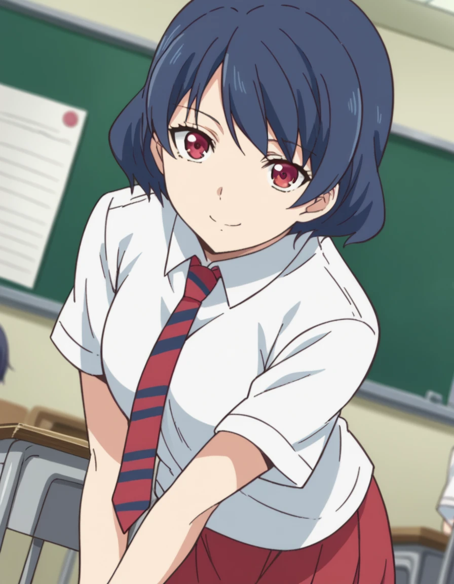 score_9, score_8_up, score_7_up, source_anime,
ruitachibana, <lora:rui-tachibana-s1-ponyxl-lora-nochekaiser:1>,
rui tachibana, short hair, red eyes, blue hair,
skirt, school uniform, necktie, striped, red skirt, striped necktie,
indoors, classroom, bent over, smile,
looking at viewer, cowboy shot, dutch angle, solo,