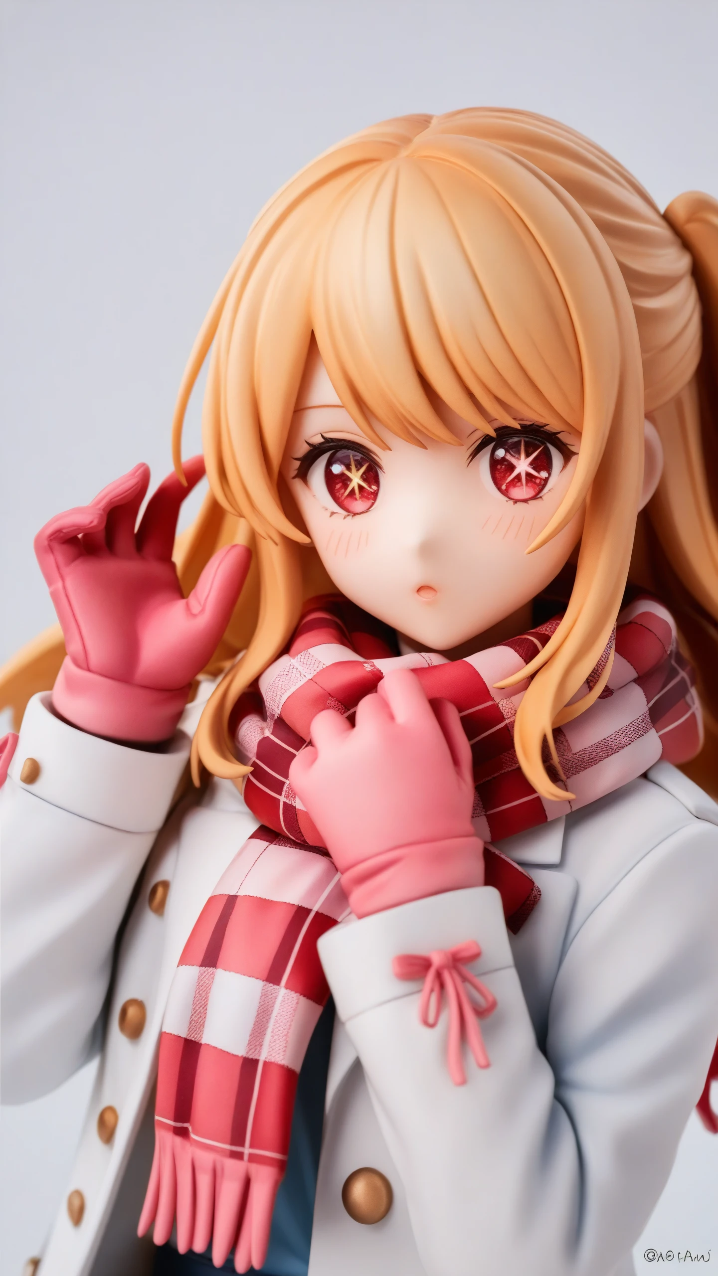 (score_9,score_8_up,score_7_up),source_anime,
1girl,solo,upper_body,hands_up,blush,eyelashes,blonde_hair,absurdres,highres,:o,breath,cold,commentary_request,doodle_inset,hoshino_ruby,long_bangs,looking_at_viewer,one_side_up,parted_lips,pink_mittens,pink_scarf,plaid_scarf,red_eyes,signature,simple_background,snowman,star-shaped_pupils,swept_bangs,white_background,white_coat,<lora:oshi_no_ko:1>,