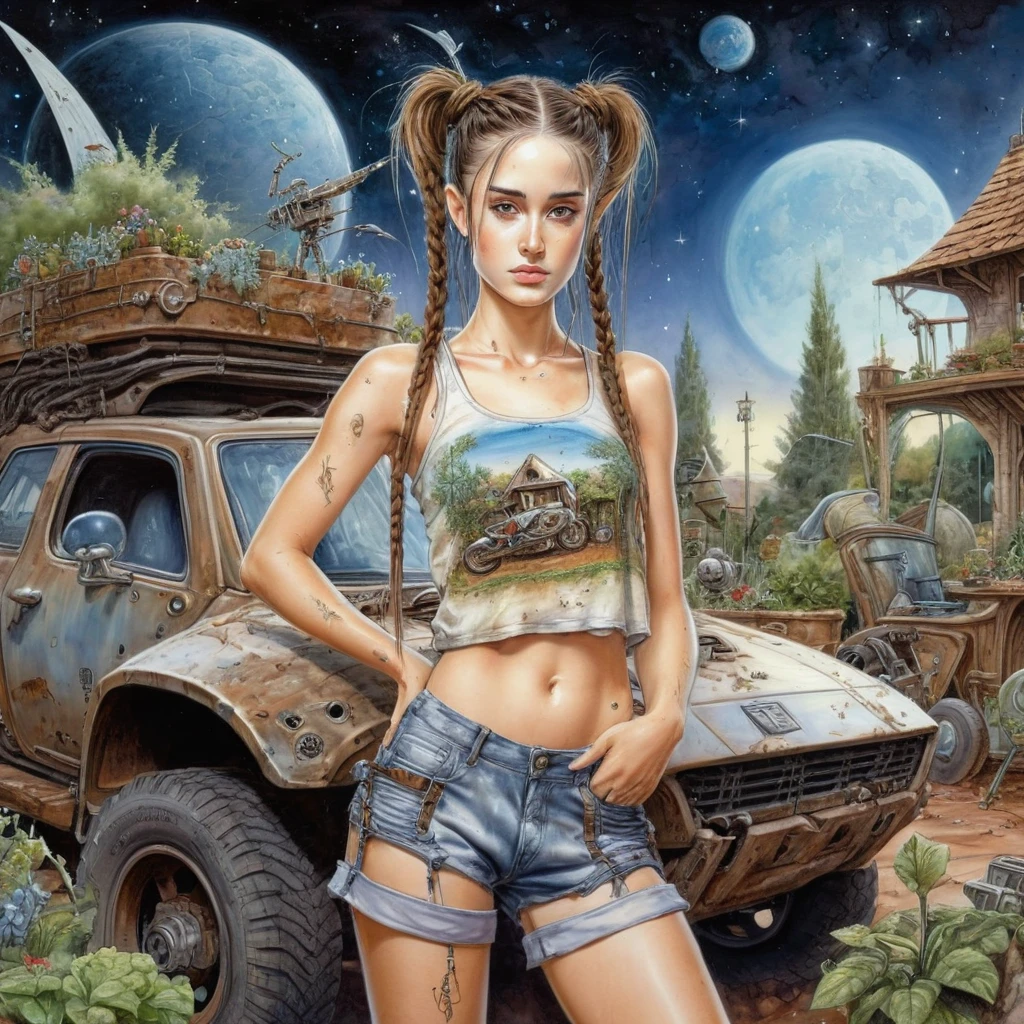 colorful caricature by luis royo coloring a colossal, developed, and swedish ameliexl5 from the front; wearing a rugged streetwear tank top and shorts with an elven design; featuring a brown long braids haircut with a cute face. shown repairing vehicles within a martian garden made of stars with cold lighting.
