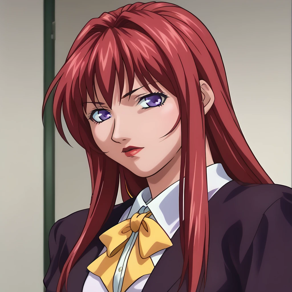 <lora:HirokoTakashiroXLpony001:0.9>,
solo,
HirokoTakashiro,1girl,red hair,long hair,purple eyes,red_lips_,
purple jacket,white shirt,white trim,long_sleeves,yellow ribbontie,