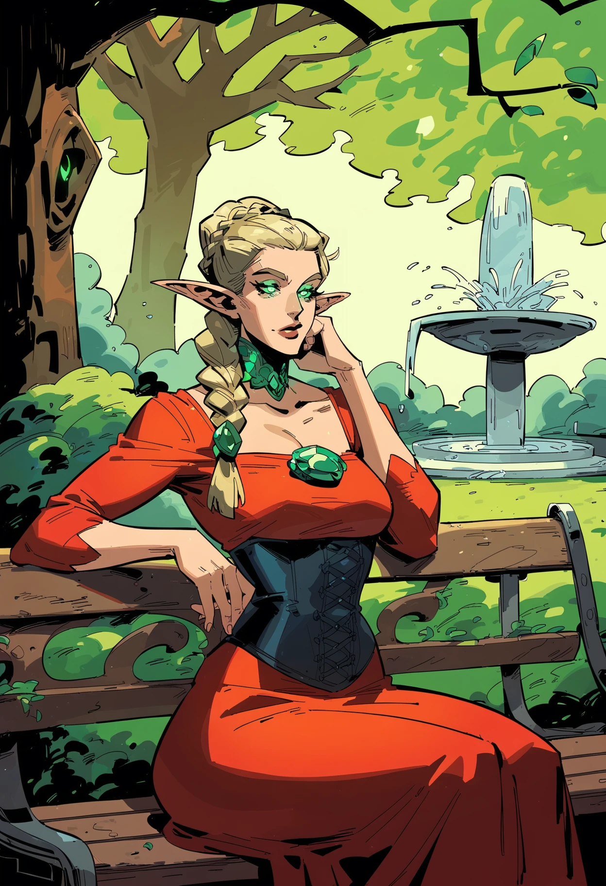 score_8_up, score_7_up, cowboy shot of elf woman sitting on bench in park, head rest, red ornate dress with green gems, corset, blonde, braid, glowing eyes, makeup, wide hips, tree, sunlight, flowers, fountain on background <lora:sxz-hades-pdxl:0.8> hds style, cel shading, linear hatching,