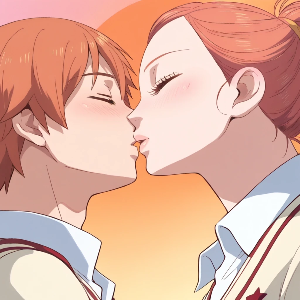 score_9, score_8_up, score_7_up, source_anime, Risa Koizumi, ginger hair, very tall, school girl, stylish,brown eyes, big eyes, school uniform,<lora:Risa_Koizumi_SDXL:1>, closed eyes, blush, 1boy, kiss, from side, close up, abstract love background, best quality, masterpiece