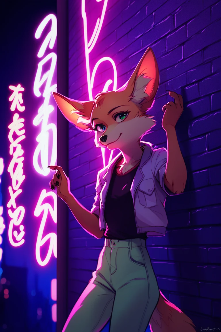 score_9, score_8_up, score_7_up, 1girl, solo, Fara phoenix, furry, night time, street, leaning on wall, casual clothes, neon lights, <lora:Fara_Phoenix_Starfox:1>