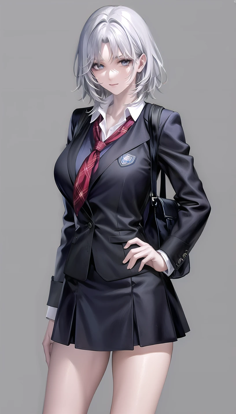 white hair,
(school uniform:1.28),
lady,mature female, cowboy shot,
(white background,simple background:1.18),
highres,official art,original,masterpiece,best quality,
(huge breasts:0.8),
<lora:Tetra:0.8>